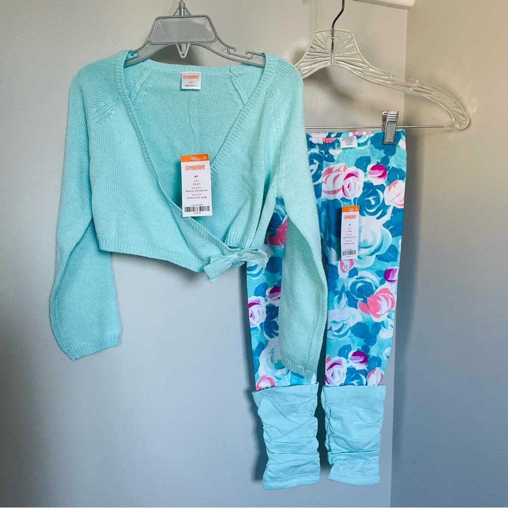 Gymboree Aqua Ballet Wrap Sweater & Floral Leggings w Ruched Cuffs Size 4T